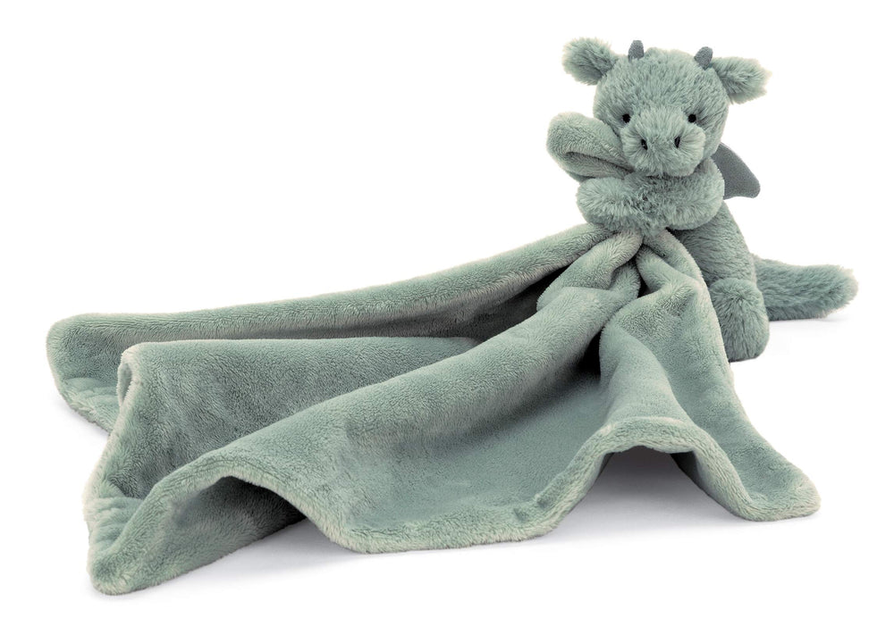 Jellycat Bashful Dragon Soother front view with soft moss-green fur for cuddling
