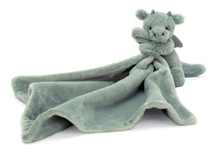 Jellycat Bashful Dragon Soother front view with soft moss-green fur for cuddling