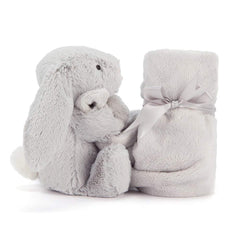 Jellycat Bashful Grey Bunny Soother full view with attached square soother for easy use.