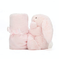 Bashful Pink Bunny Soother with long fold ears enhances tactile cuddling.