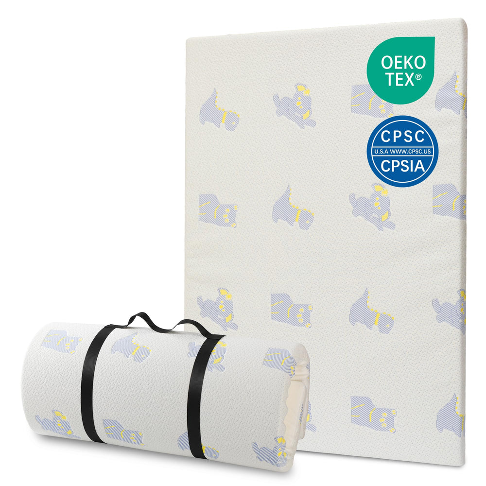 Jelumonpe Pack and Play mattress with 38x26 inch edges for snug fit inside a playard.