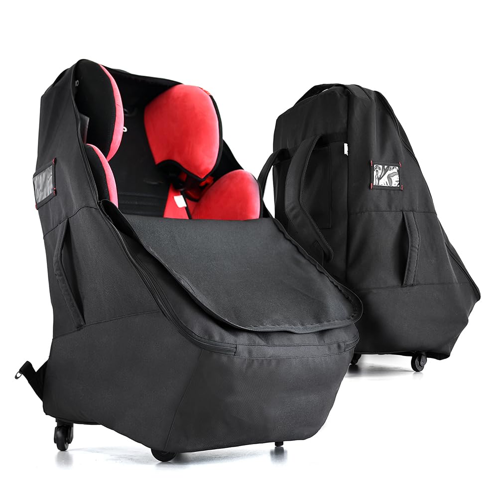 Jenen Jnzen car seat travel bag with wheels in backpack view for hands-free airport transit.