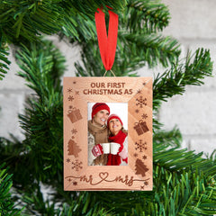 Jetec first christmas MR MRS frame ornament on wood, highlighting cherished memories.
