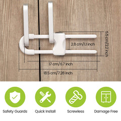 Jetec U-shaped cabinet locks installed on knobs demonstrate tool-free setup for quick safety.