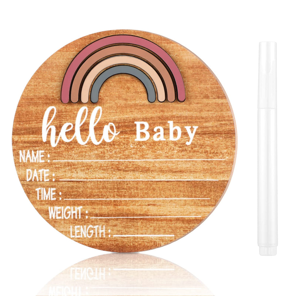 Jetec wooden birth sign with rainbow pattern for keepsake photos.