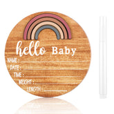 Jetec wooden birth sign with rainbow pattern for keepsake photos.