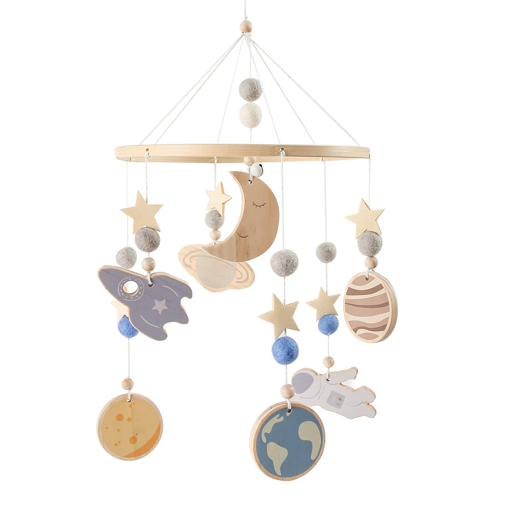 JETM·HH space nursery mobile Saturn planet on a beechwood hoop for safe decorative crib decor.
