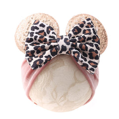 JIAHANG mouse ears headband in pink leopard, perfect for newborn photos and everyday outfits.