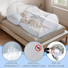 Jiangcha mosquito net bed demonstrating 360-degree protection around the sleeping area.