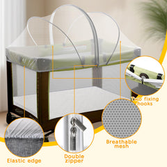 Jiangcha Pack and Play Cover strong zippers enable quick access during diaper changes.
