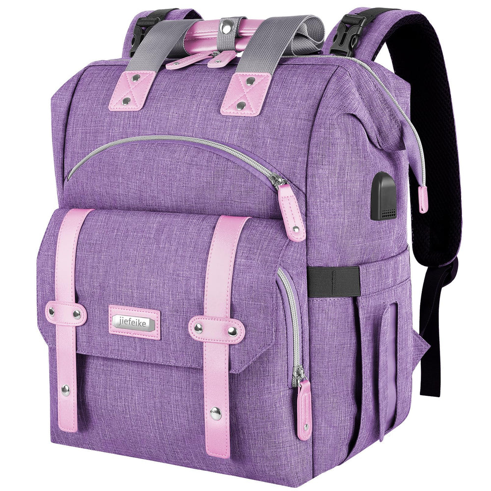 Jiefeike diaper bag backpack front view showing roomy main compartment for baby essentials.