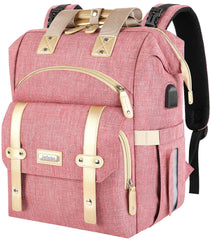 Jiefeike diaper bag backpack in pink showing full capacity for baby essentials.