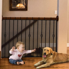JIFTOK baby gate on stairs netting assembly shows secure setup for stair safety