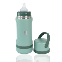 Jili All-in-One Bottle in sage insulated stainless keeps liquids warm during travel.