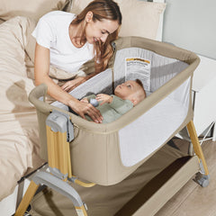 Jimglo bedside sleeper setup in khaki for easy night care within arm's reach