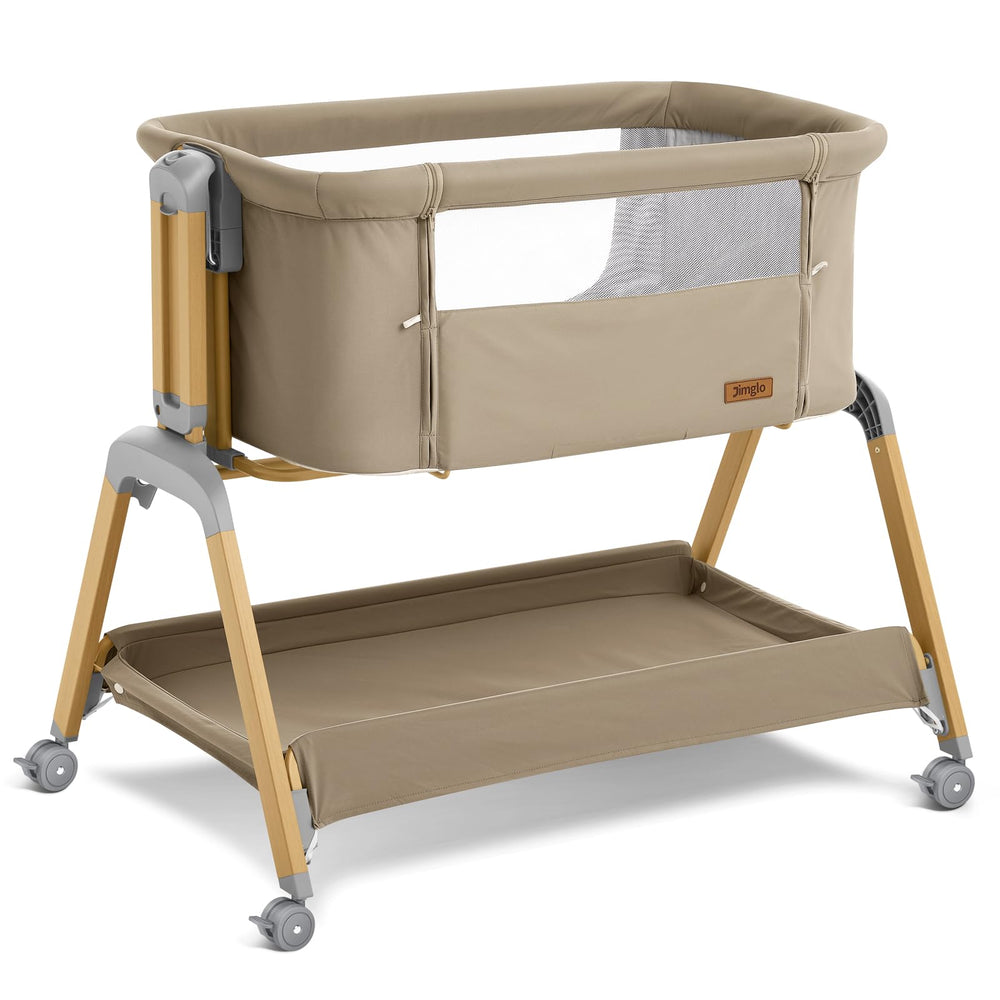 Jimglo 3 in 1 bassinet front view in khaki showcasing versatile sleep options