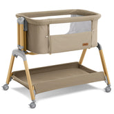 Jimglo 3 in 1 bassinet front view in khaki showcasing versatile sleep options