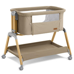 Jimglo 3 in 1 bassinet front view in khaki showcasing versatile sleep options