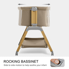 Jimglo rocking bassinet in khaki with soothing side-to-side motion for calm naps