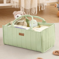 Jinrobabes diaper caddy organizer with multiple compartments keeps diapers and wipes within easy reach.
