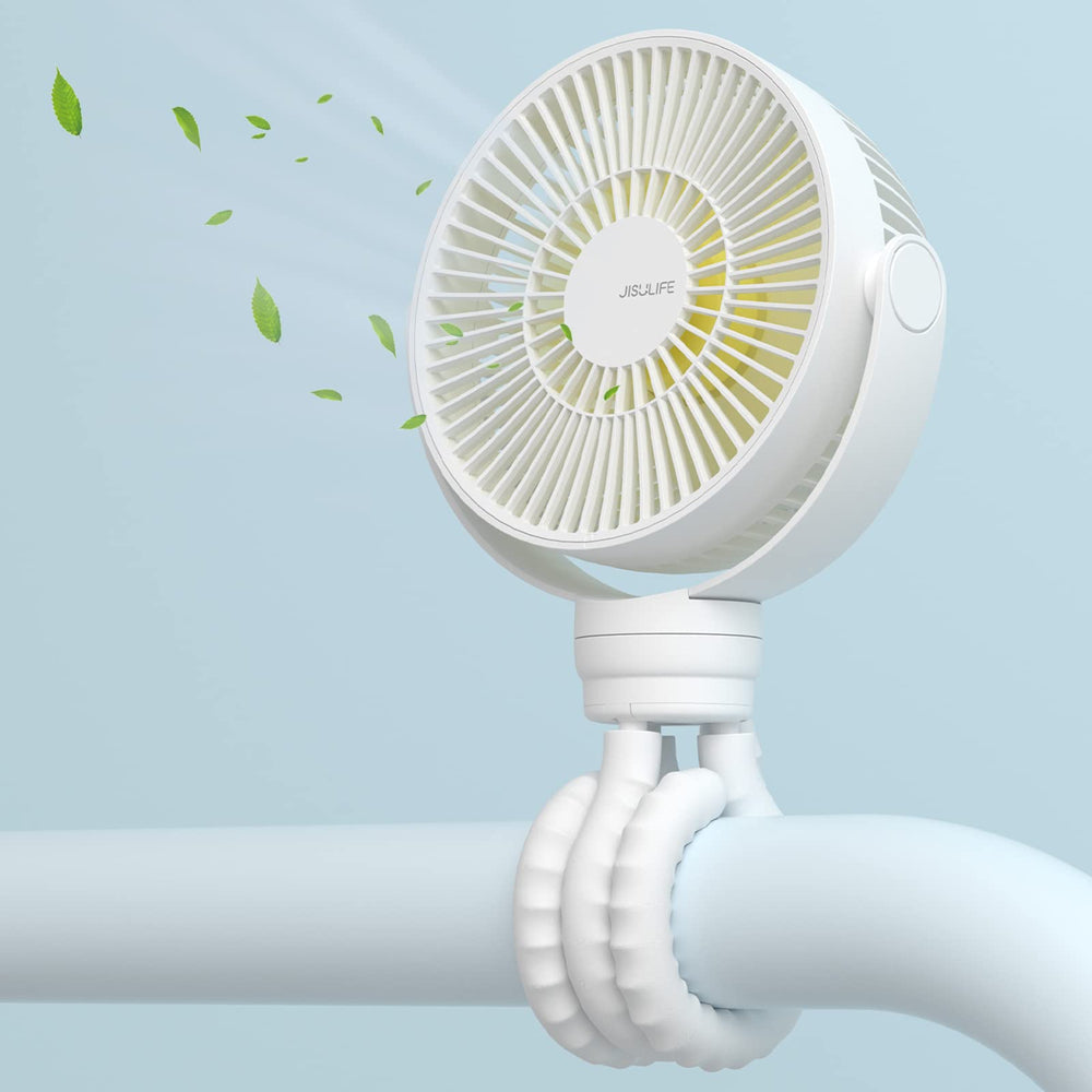 JISULIFE Mini Stroller Fan clipped on a stroller delivering cooling on the go
