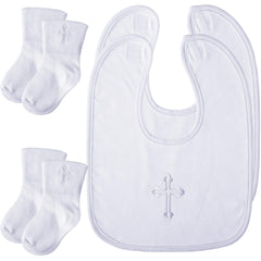 Jiuguva baptism gifts 4pcs set: white bibs and socks for Christening photos