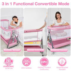 Jixrolyn pink bassinet bedside-sleeper beside bed for easy feeds and closeness.