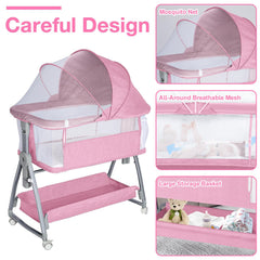 Jixrolyn pink bassinet height-adjustment shows five heights for room-to-room versatility.