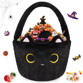 JIZWPOOM black cat plush basket front view for Halloween decor and candy storage