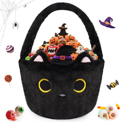 JIZWPOOM black cat plush basket front view for Halloween decor and candy storage