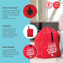 J.L. Childress Gate Check Bag red car-seat closed with logo enhances at-gate recognition.