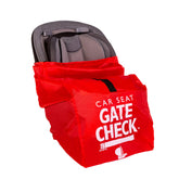 J.L. Childress Gate Check Bag red car-seat open view shows quick ID access for staff.