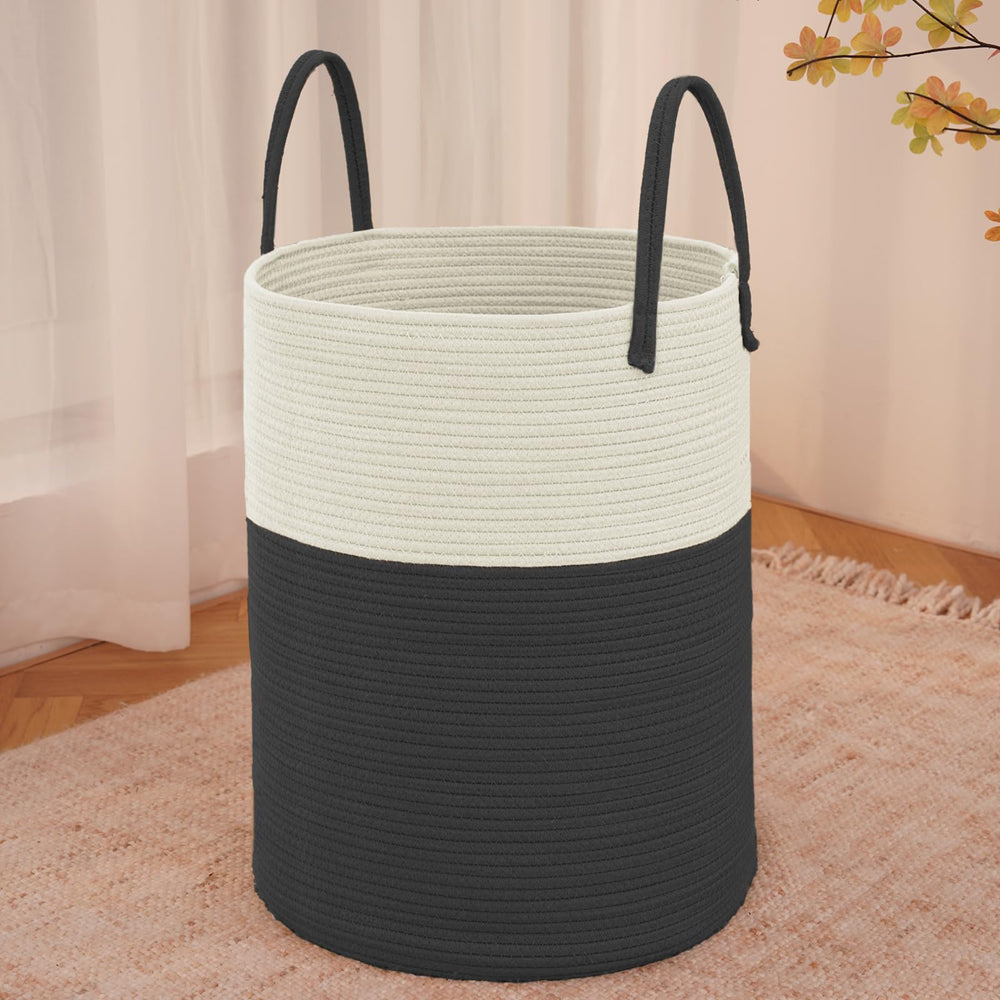 JMvicyroam large woven laundry basket 80L front view for stylish storage of blankets and toys