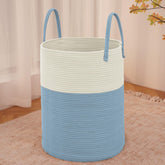 JMvicyroam large woven laundry basket, white and blue, holds 100L for blankets and bulky laundry.