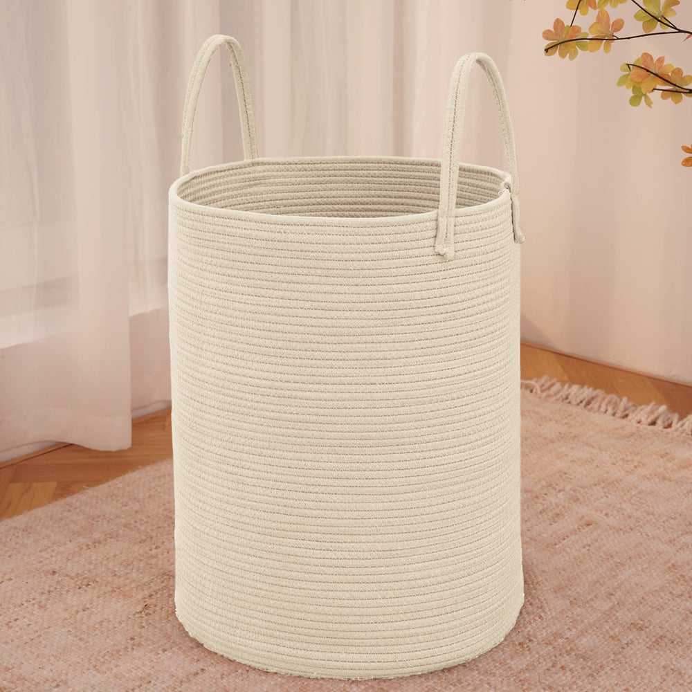 JMvicyroam large woven laundry basket close-up with sturdy handles for easy transport.
