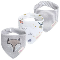 JN&LULU 3-pack newborn bibs in grey fox safeguard outfits during drool while staying soft and easy to wash.