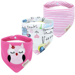 JN&LULU Pink Owl bandana bib front view—keeps drool off clothes