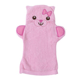 JN&LULU Baby Organics bath mitt with pink cat design on hand for gentle cleansing.