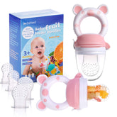 Jochebed baby fruit feeder pacifier in light pink with six silicone pouches for safe solids.