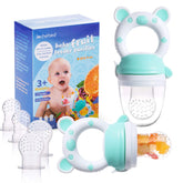 Jochebed bear-shaped fruit feeder cyan for easy self-feeding and teething relief.