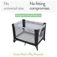 Joey + Joan pack n play sheets on 27x39 mattress showing snug fit.