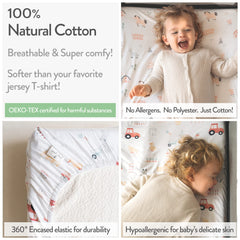 Joey + Joan sheet compatible with Guava Lotus travel crib for secure comfort.