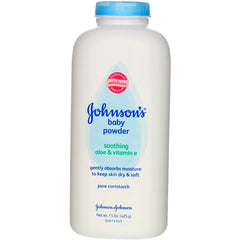 Johnson's Aloe and Vitamin E baby powder front label highlights gentle formula