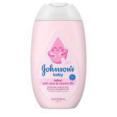 Johnson's Baby Lotion bottle highlighting coconut oil, aloe vera, and 72-hour hydration benefit