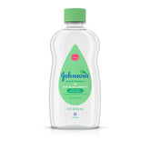 Johnson's Baby Oil bottle with Aloe Vera promotes gentle moisture for delicate skin.