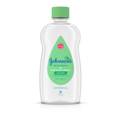 Johnson's Baby Oil bottle with Aloe Vera promotes gentle moisture for delicate skin.