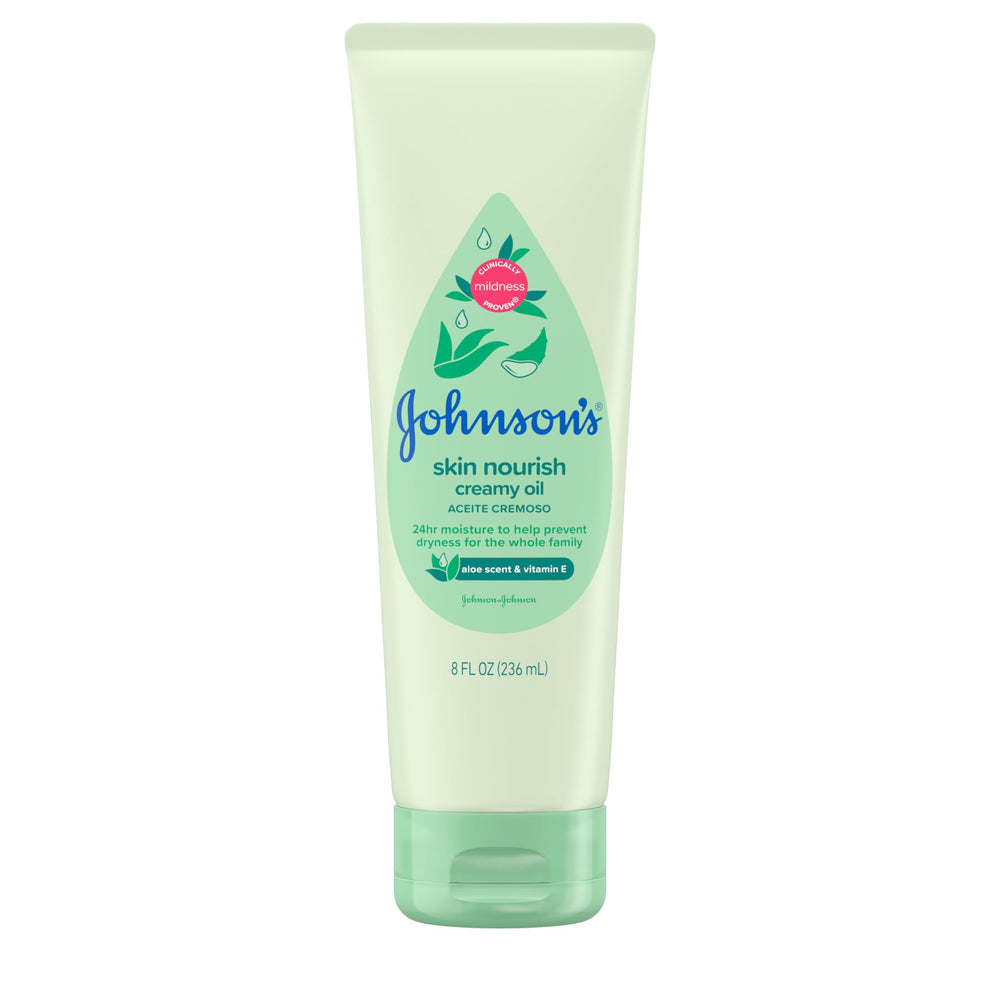 Johnson's Skin Nourish Creamy Oil with aloe scent adds gentle moisture for baby skin.