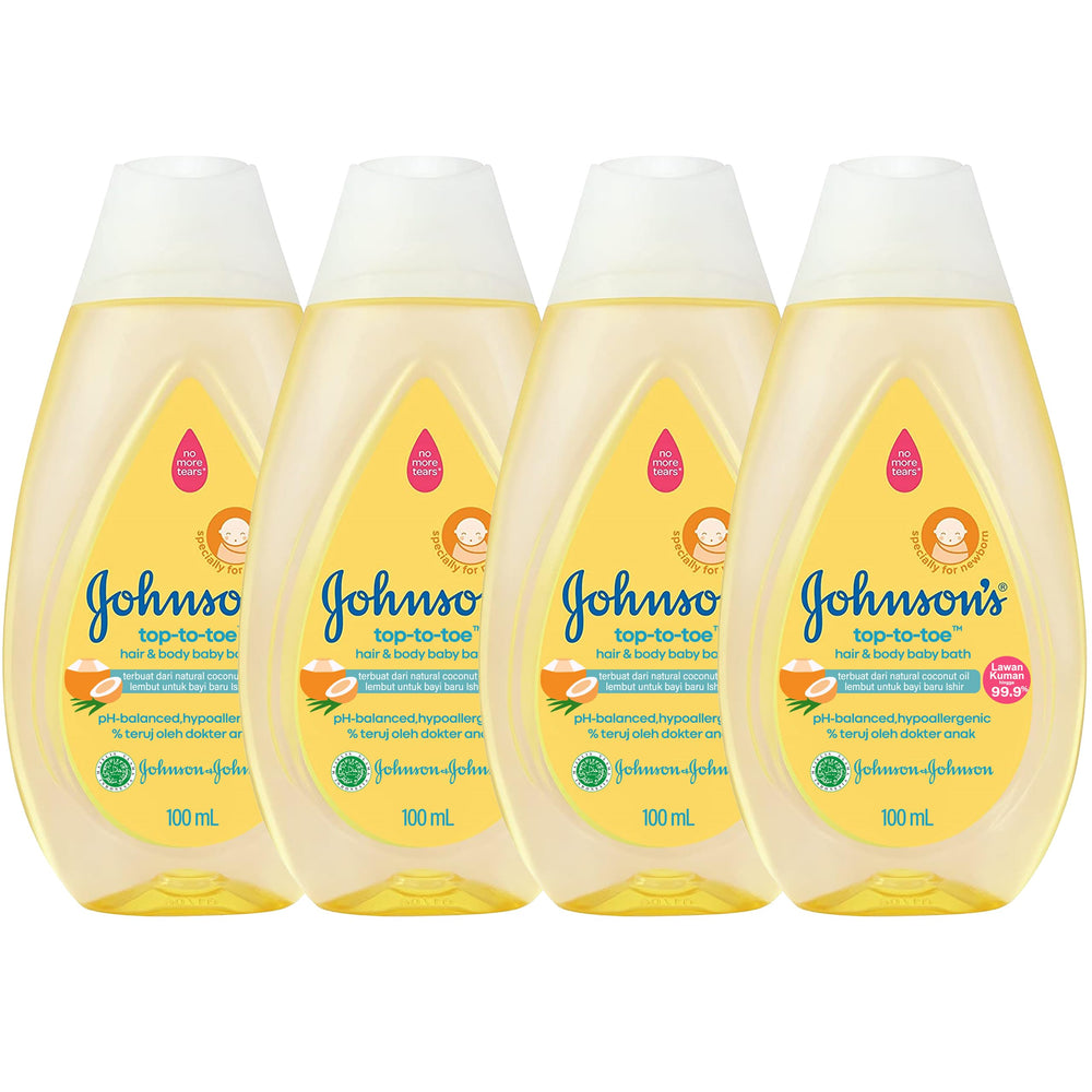 Johnson's Top-to-Toe baby wash travel bottles lined up for on-the-go cleansing.