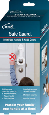 Jokari child safety guard on a sink knob helps prevent unsupervised access.