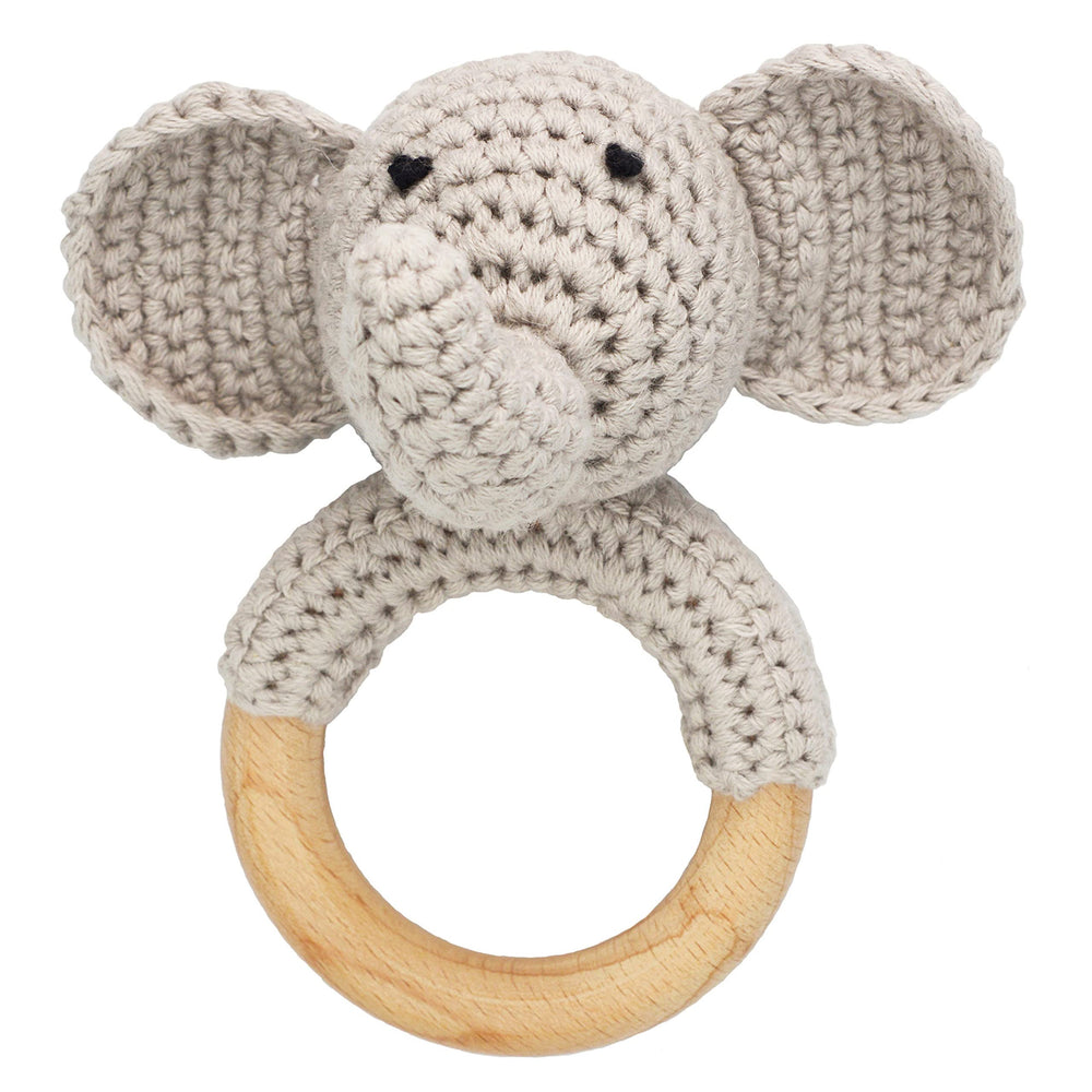 Joliecraft Woodland Friends gray elephant rattle showing soft cotton yarn texture for baby sensory play.